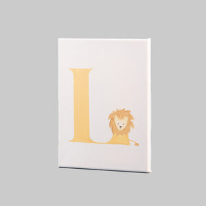 Tela dipinta con L + leone in giallo sfondo bianco